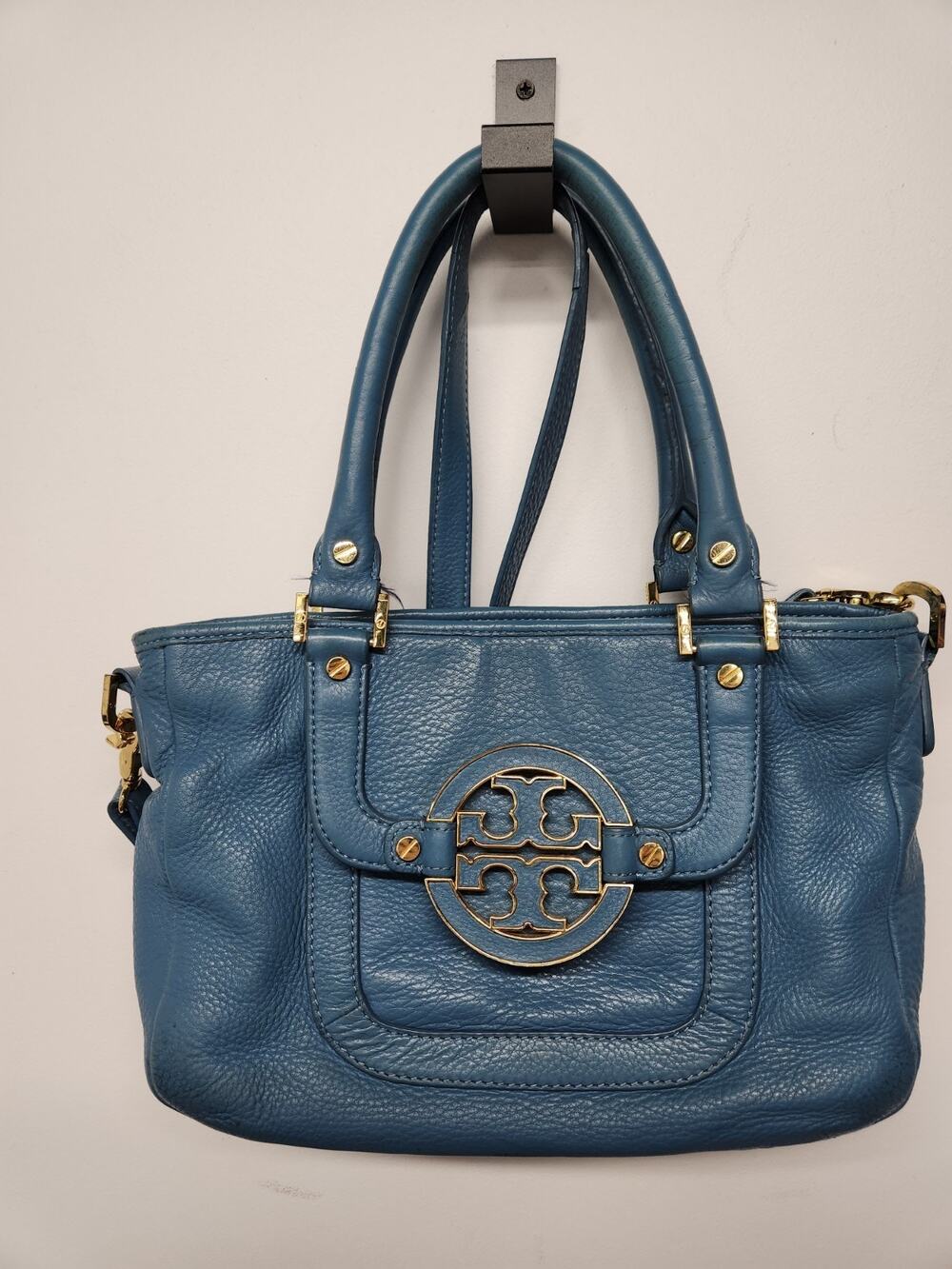 Tory Burch Women's Amanda Pebbled Leather Satchel Top Handle Bag, In Blue & Gold